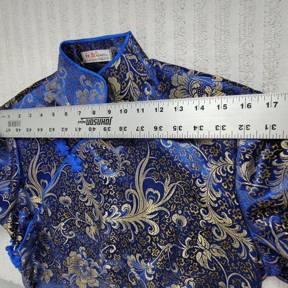 Hongdu Chinese Traditional Style Evening Dress Blue/Gold Floral High Slit - Picture 5 of 10
